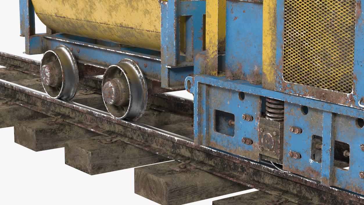 3D Mining Locomotive with Minecart on Railway Section Dusty