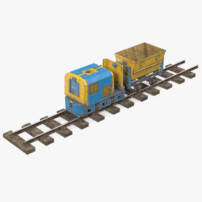 3D Mining Locomotive with Minecart on Railway Section Dusty