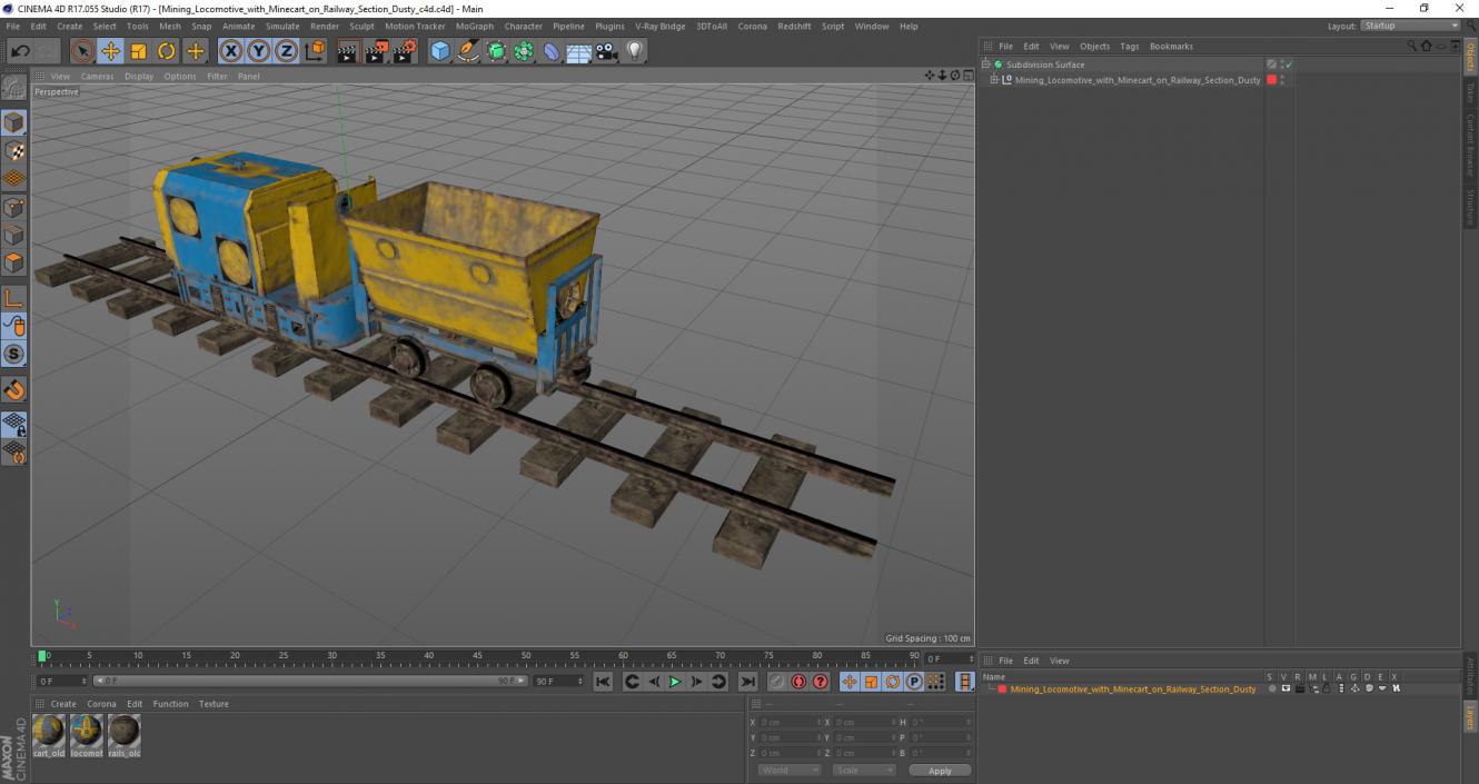 3D Mining Locomotive with Minecart on Railway Section Dusty