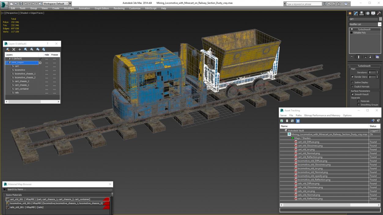 3D Mining Locomotive with Minecart on Railway Section Dusty