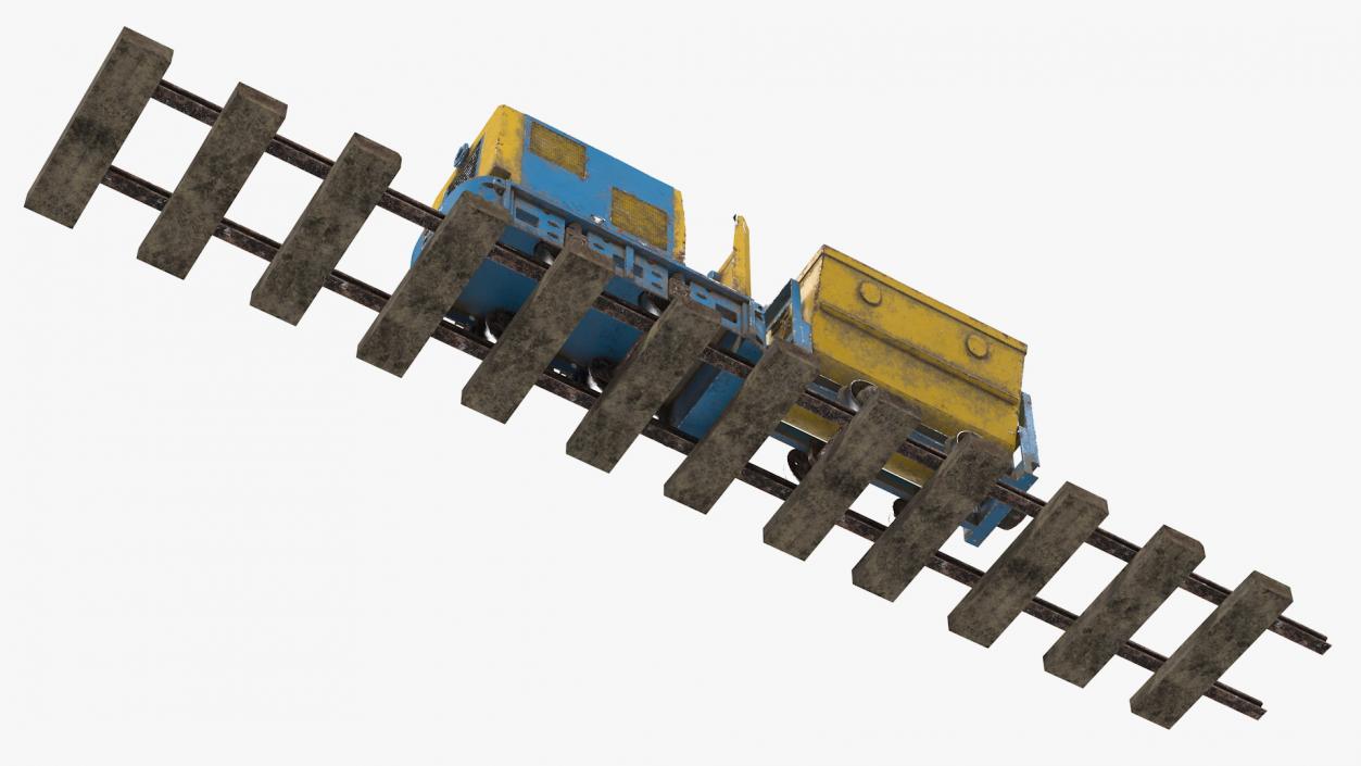 3D Mining Locomotive with Minecart on Railway Section Dusty