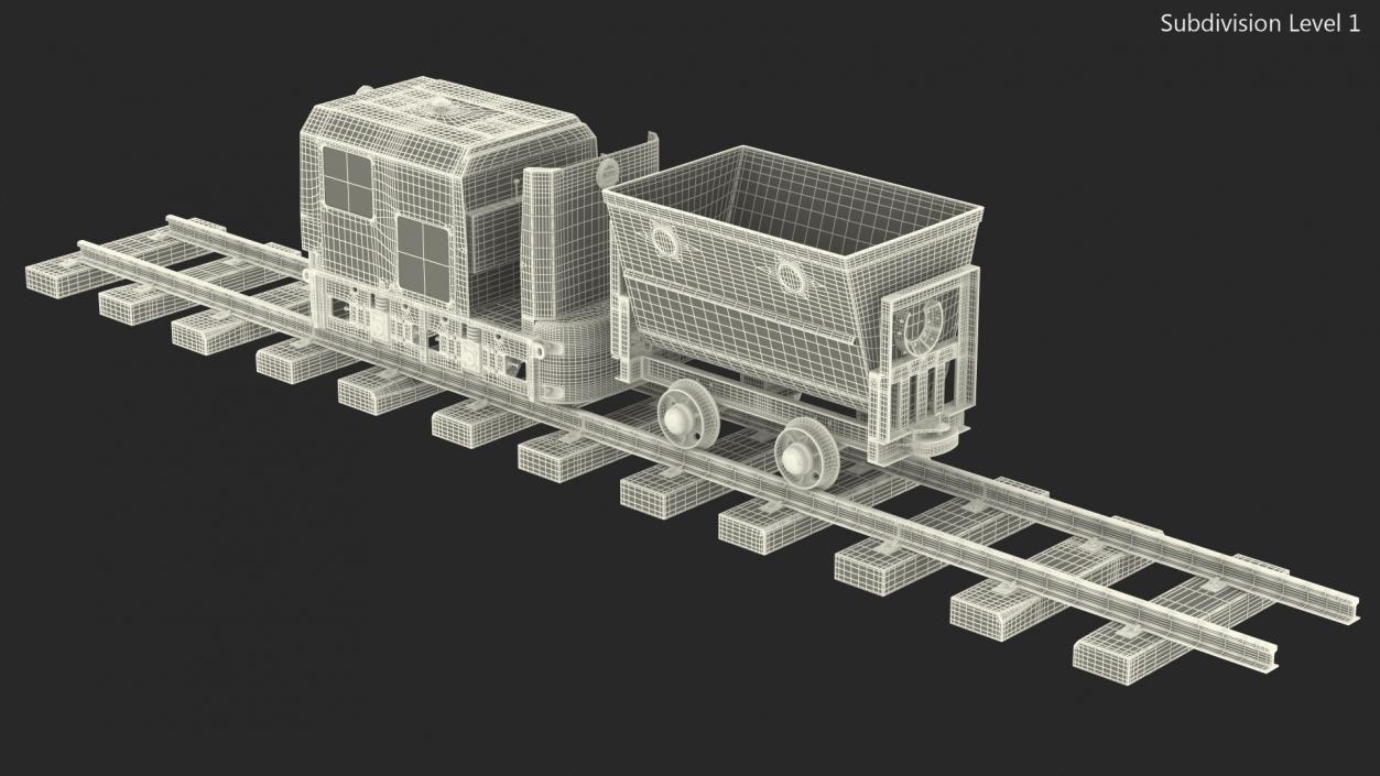 3D Mining Locomotive with Minecart on Railway Section Dusty