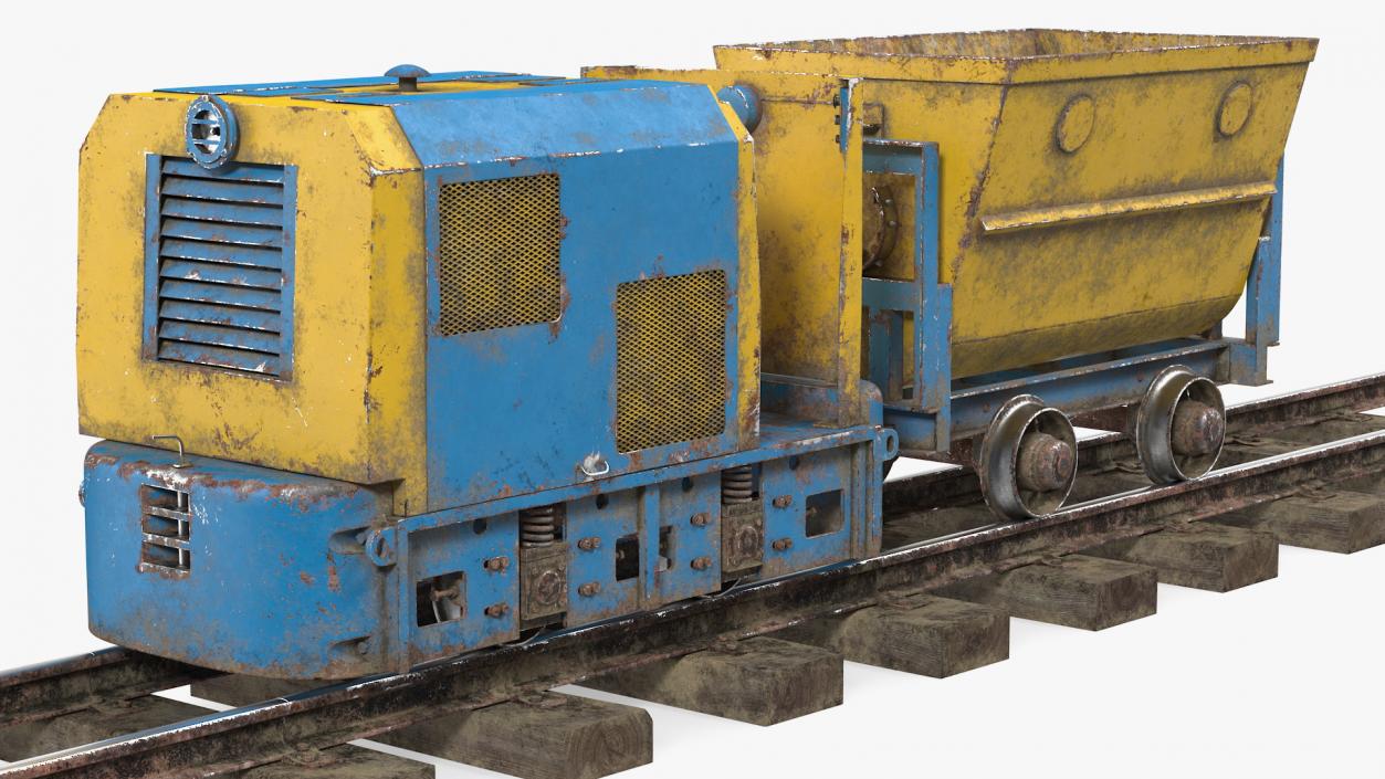 3D Mining Locomotive with Minecart on Railway Section Dusty