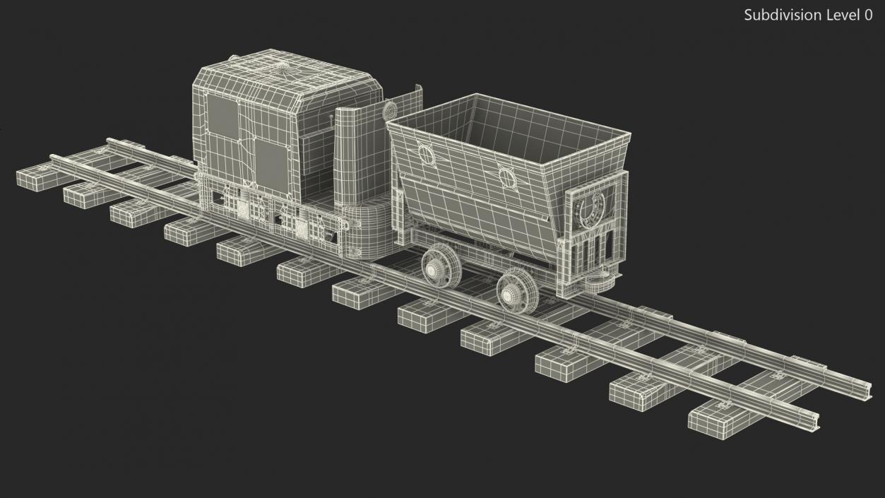 3D Mining Locomotive with Minecart on Railway Section Dusty