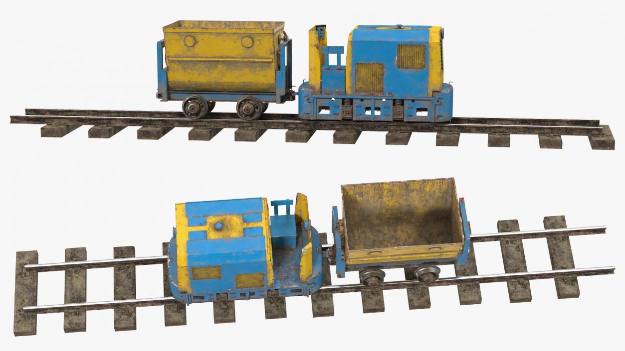 3D Mining Locomotive with Minecart on Railway Section Dusty