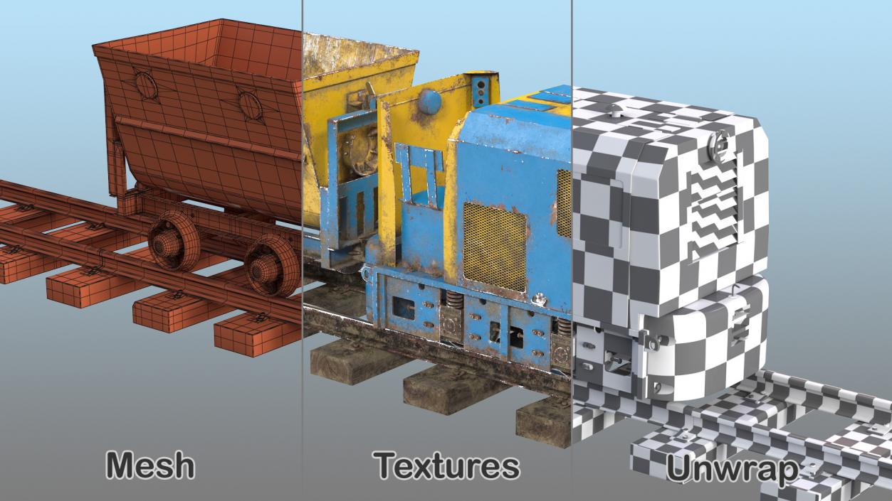 3D Mining Locomotive with Minecart on Railway Section Dusty