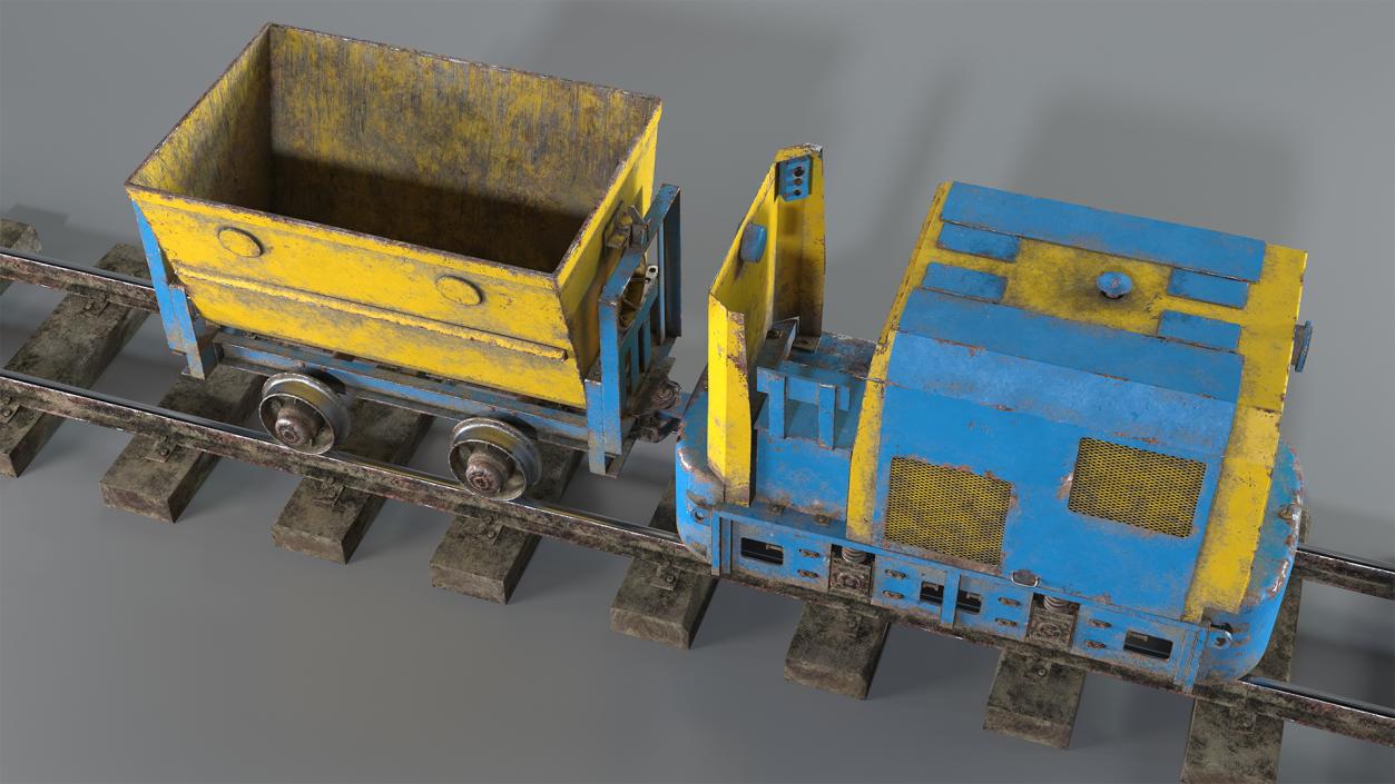 3D Mining Locomotive with Minecart on Railway Section Dusty