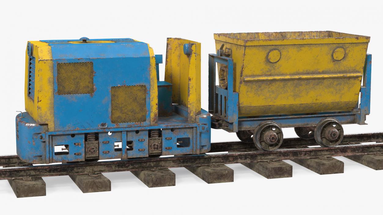 3D Mining Locomotive with Minecart on Railway Section Dusty