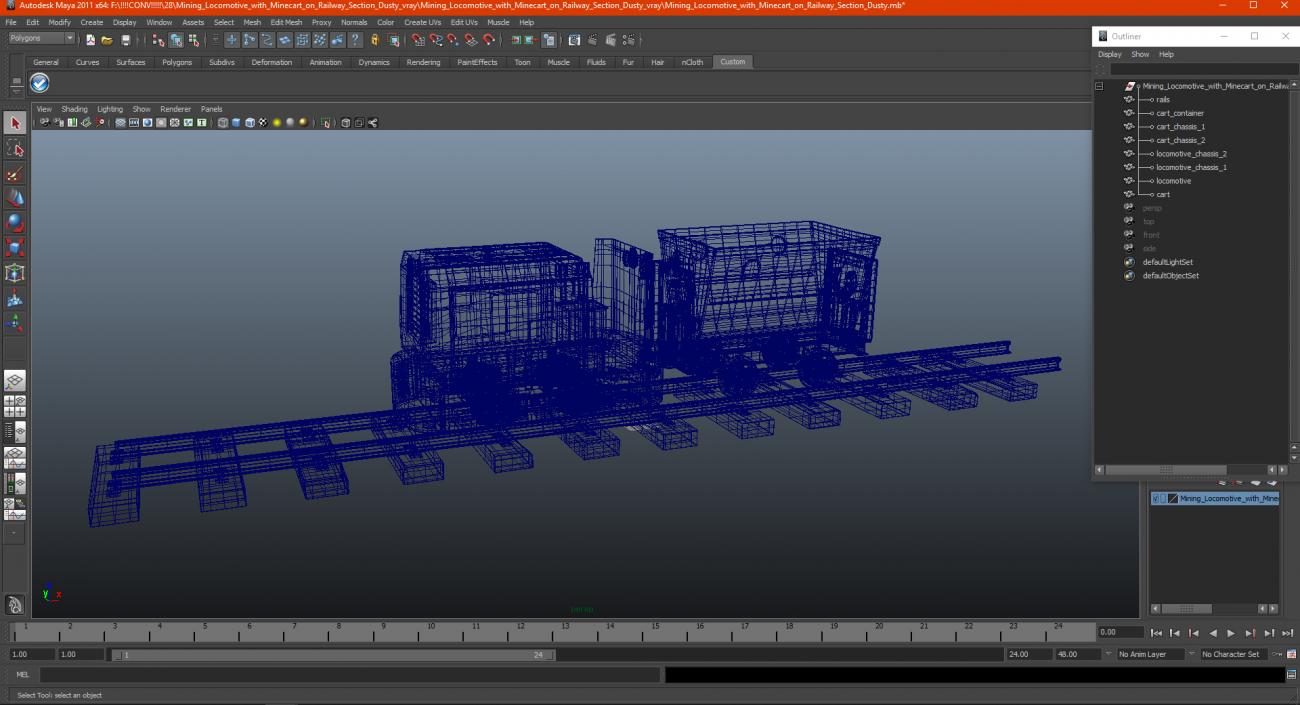 3D Mining Locomotive with Minecart on Railway Section Dusty