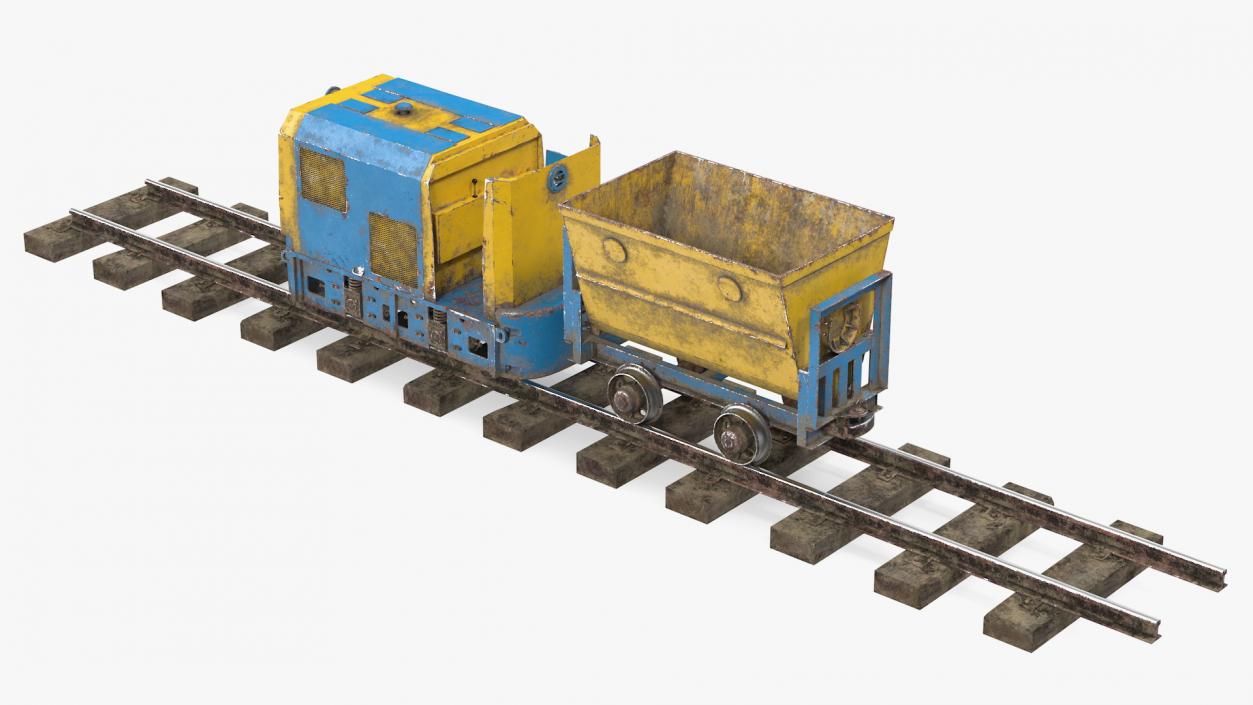 3D Mining Locomotive with Minecart on Railway Section Dusty