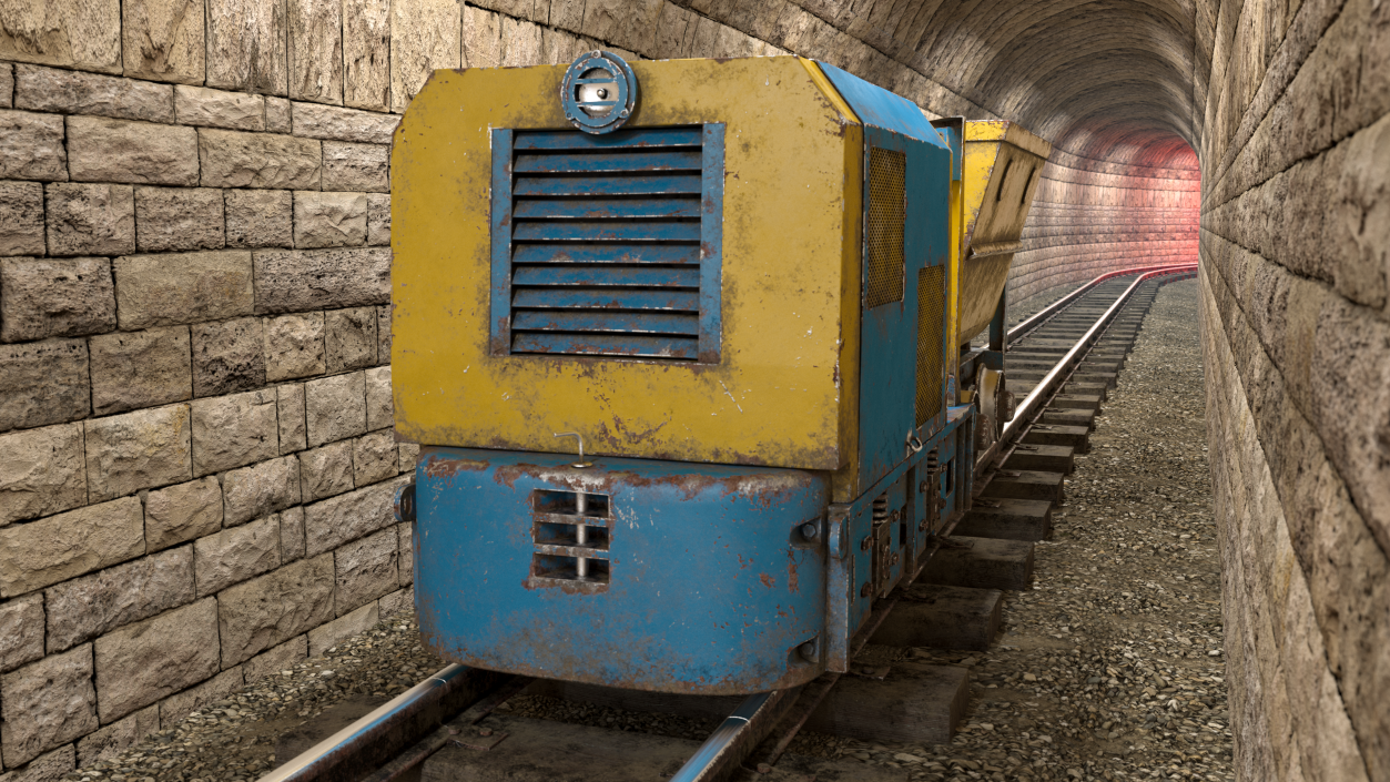 3D Mining Locomotive with Minecart on Railway Section Dusty