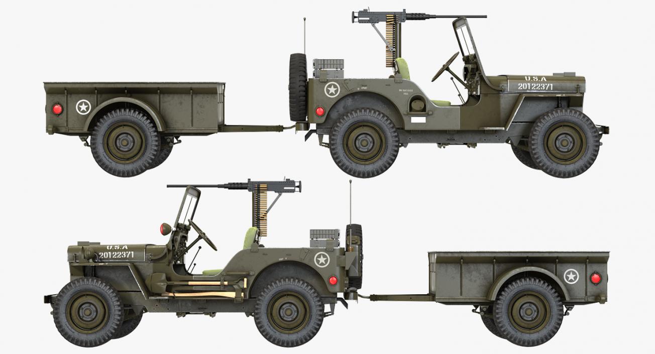 Willys Jeep MB 44 with Trailer Rigged 3D