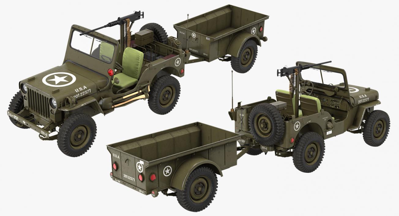 Willys Jeep MB 44 with Trailer Rigged 3D