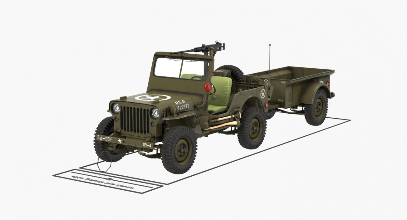 Willys Jeep MB 44 with Trailer Rigged 3D