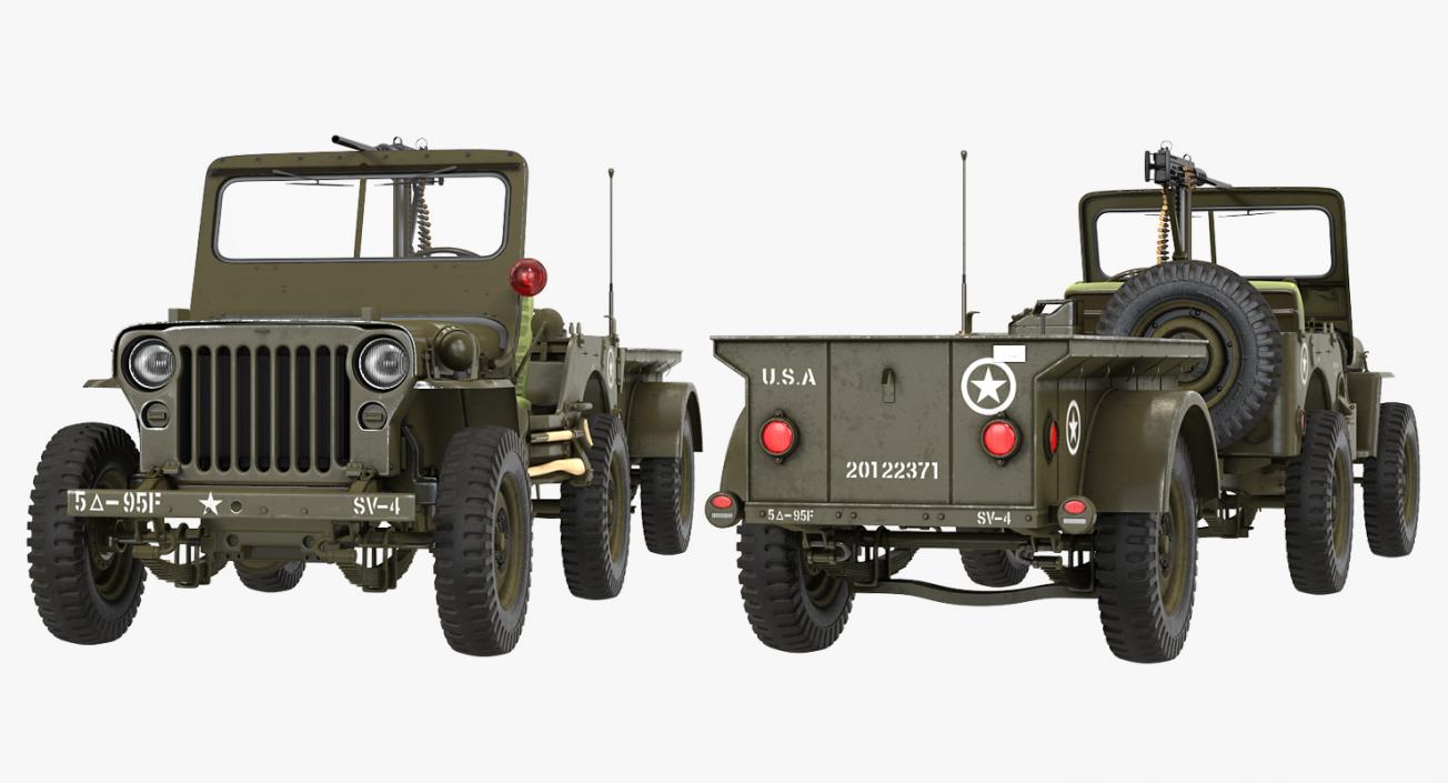 Willys Jeep MB 44 with Trailer Rigged 3D