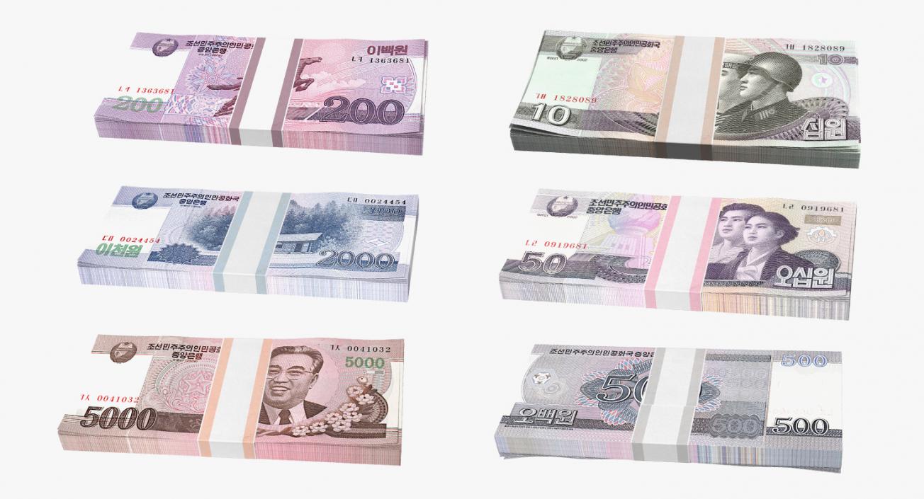 North Korea Banknotes Bundles Collection 4 3D