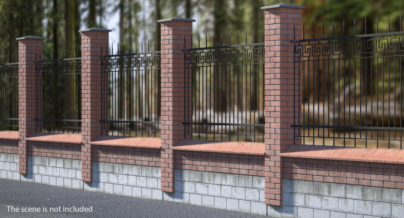 Old Brick Wall and Iron Fence 3D model