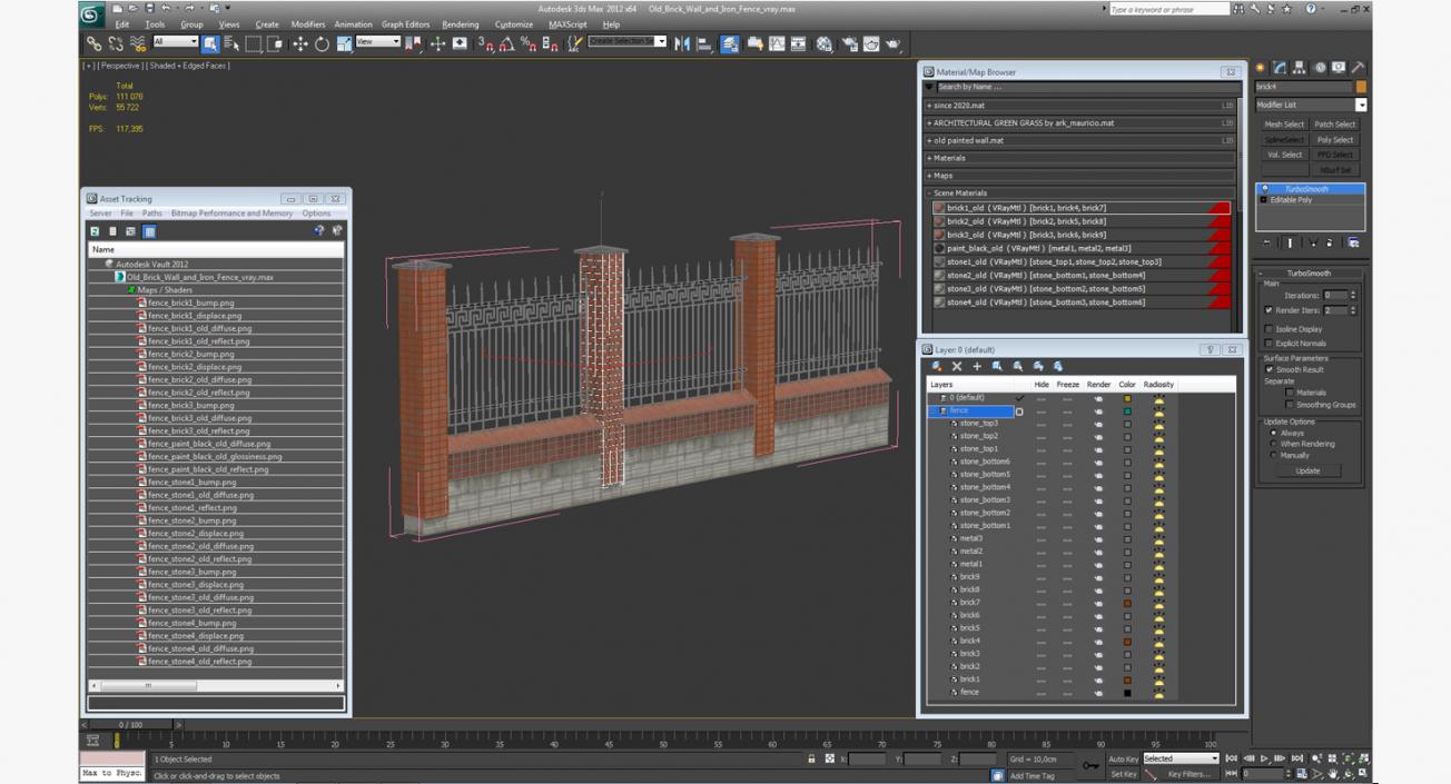 Old Brick Wall and Iron Fence 3D model