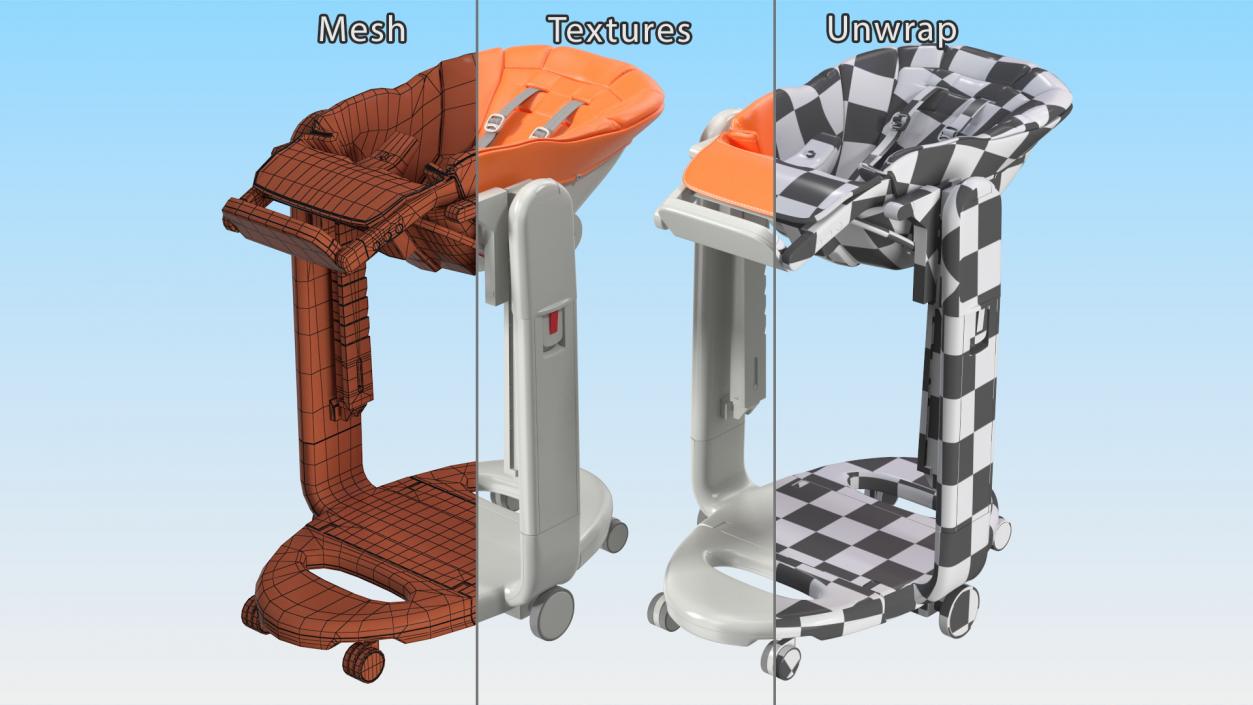 3D Baby Folding High Chair Horizontal Orange Rigged model