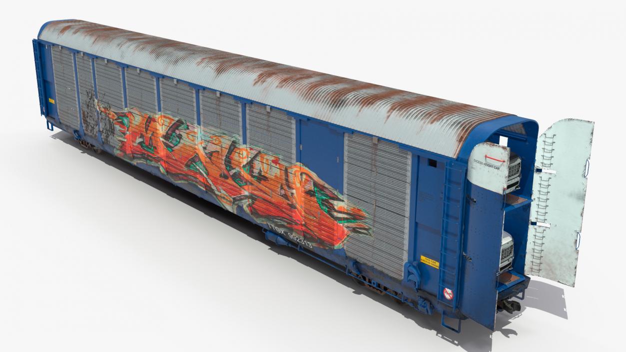 Graffiti Covered Freight Train Car with SUVs 3D model