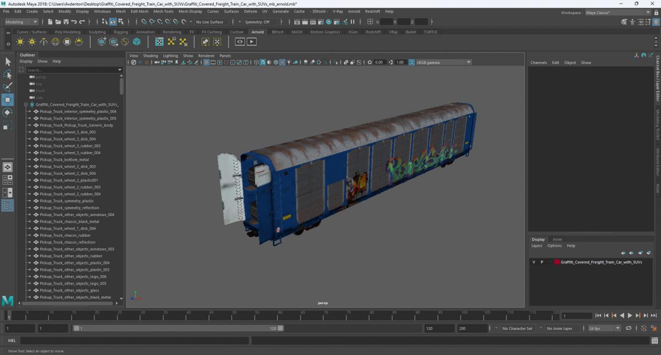 Graffiti Covered Freight Train Car with SUVs 3D model