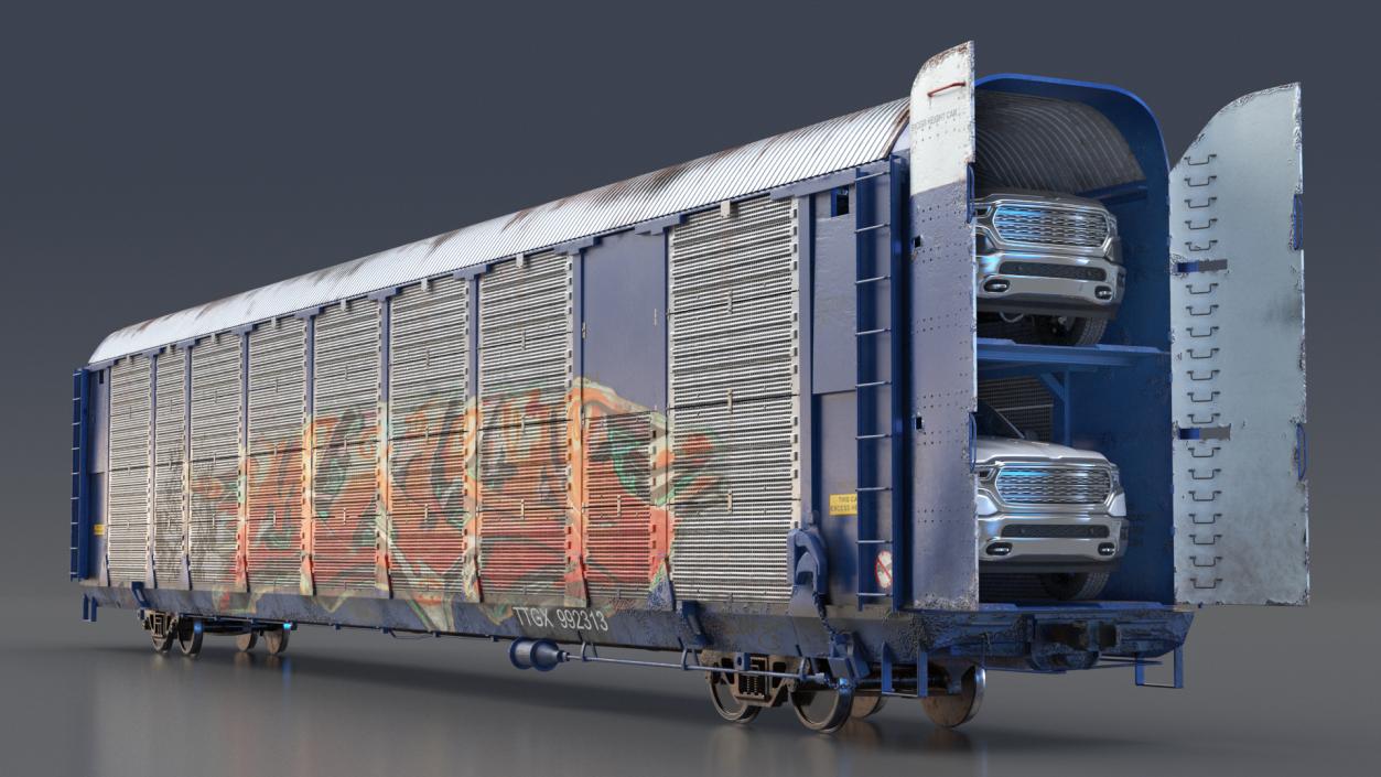 Graffiti Covered Freight Train Car with SUVs 3D model