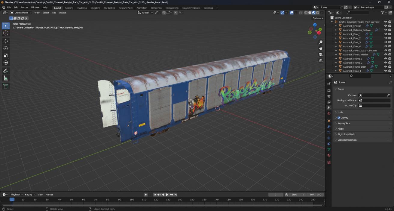 Graffiti Covered Freight Train Car with SUVs 3D model