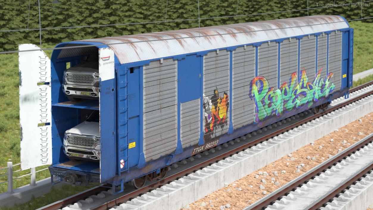 Graffiti Covered Freight Train Car with SUVs 3D model