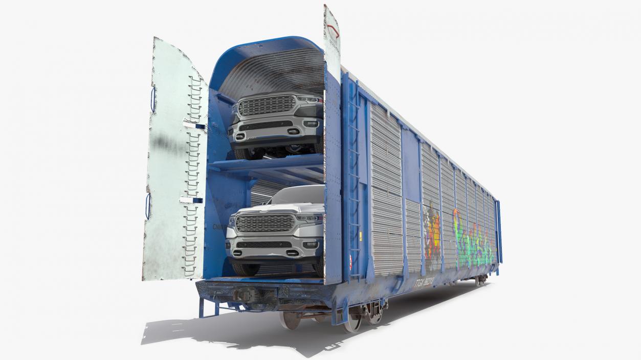 Graffiti Covered Freight Train Car with SUVs 3D model