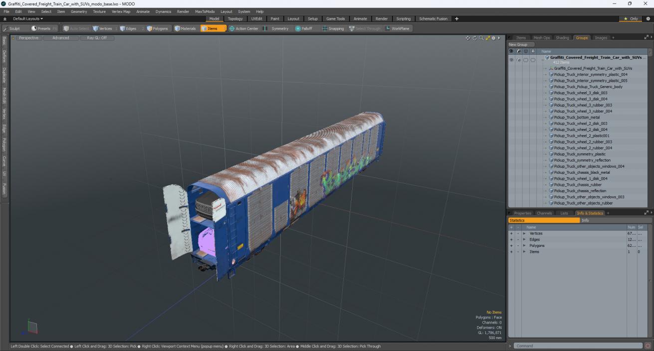 Graffiti Covered Freight Train Car with SUVs 3D model