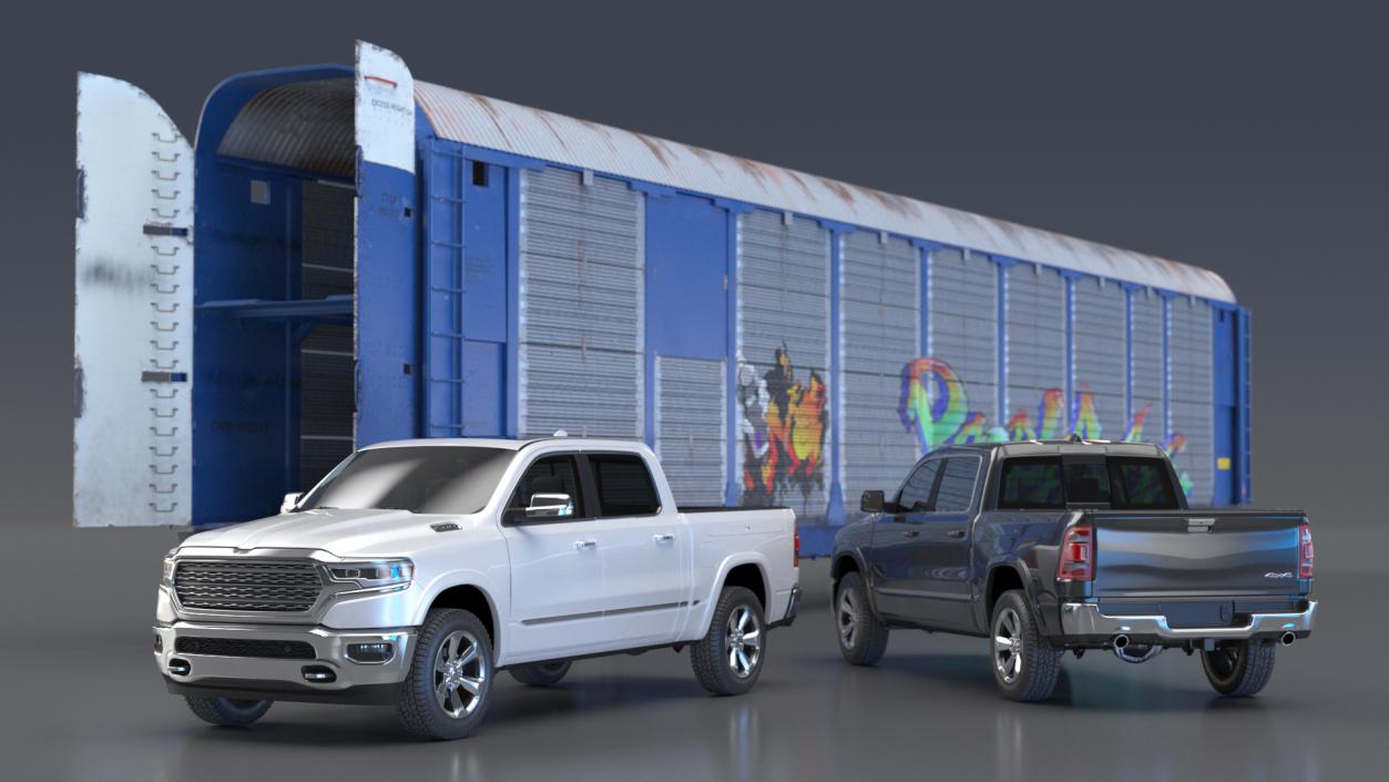 Graffiti Covered Freight Train Car with SUVs 3D model