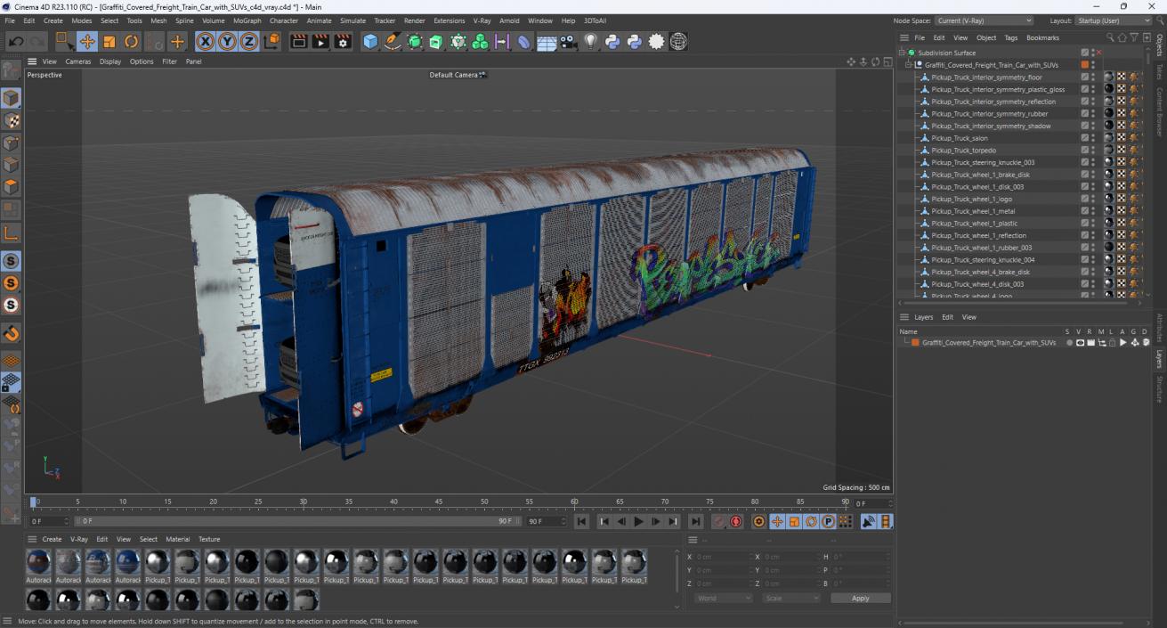 Graffiti Covered Freight Train Car with SUVs 3D model