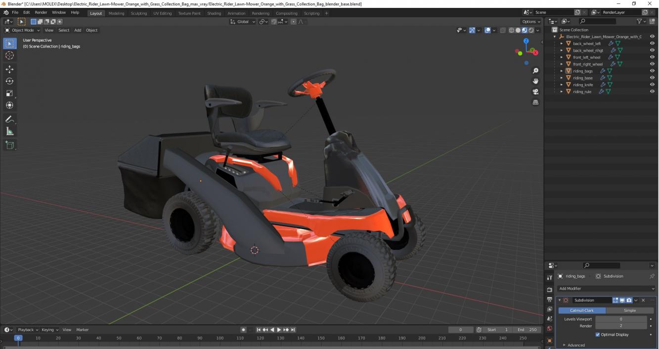 3D Electric Rider Lawn-Mower Orange with Grass Collection Bag model