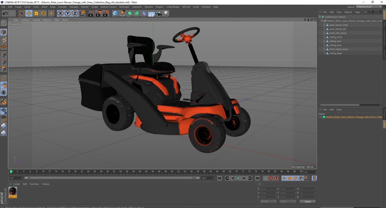 3D Electric Rider Lawn-Mower Orange with Grass Collection Bag model