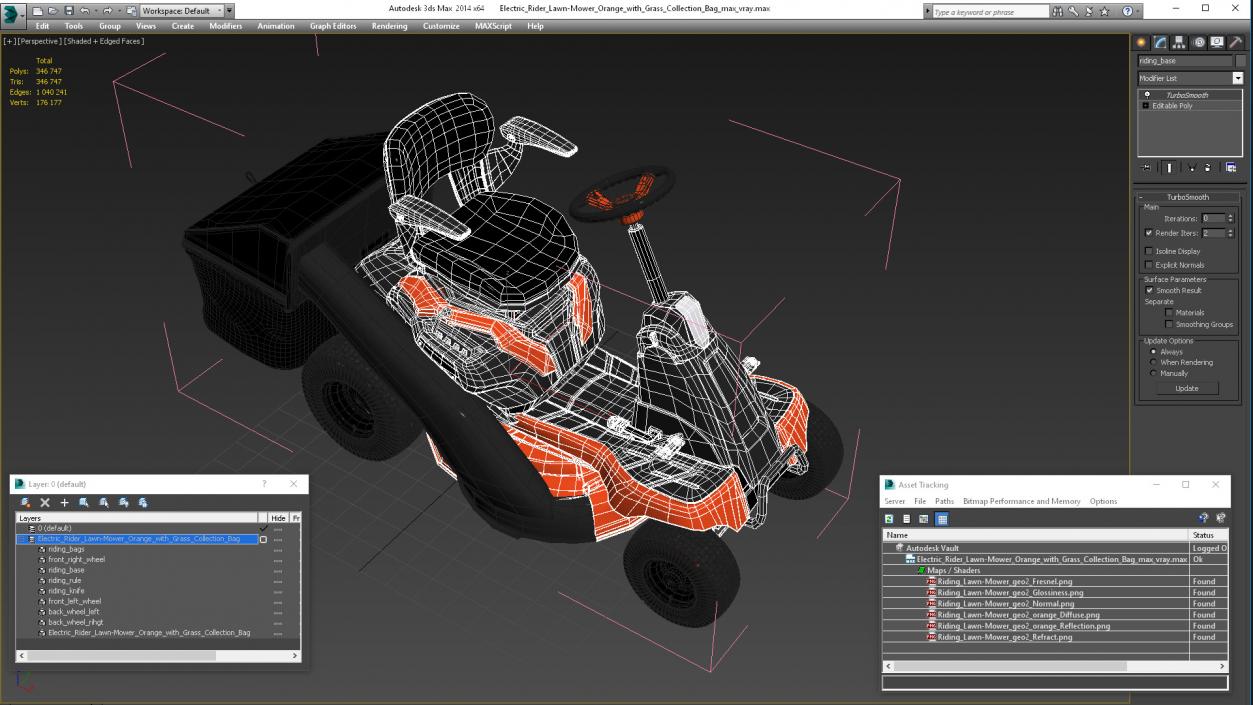 3D Electric Rider Lawn-Mower Orange with Grass Collection Bag model