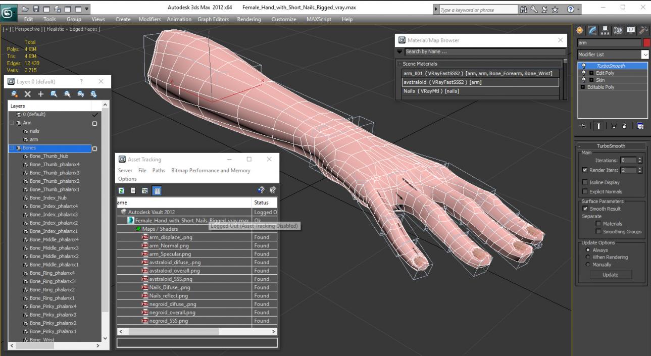 3D model Female Hand with Short Nails Rigged