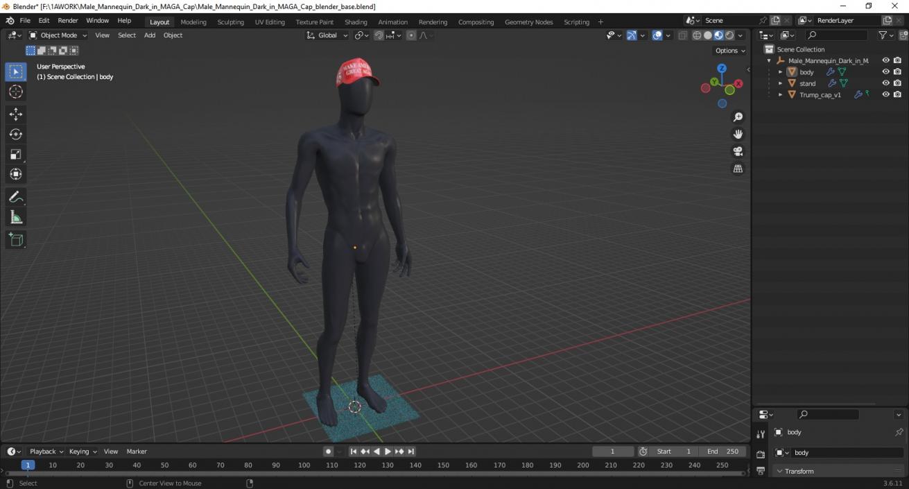 3D Male Mannequin Dark in MAGA Cap