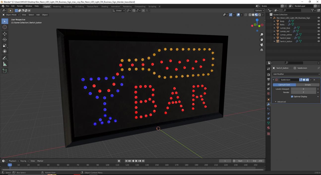 3D model Bar Neon LED Light ON Business Sign