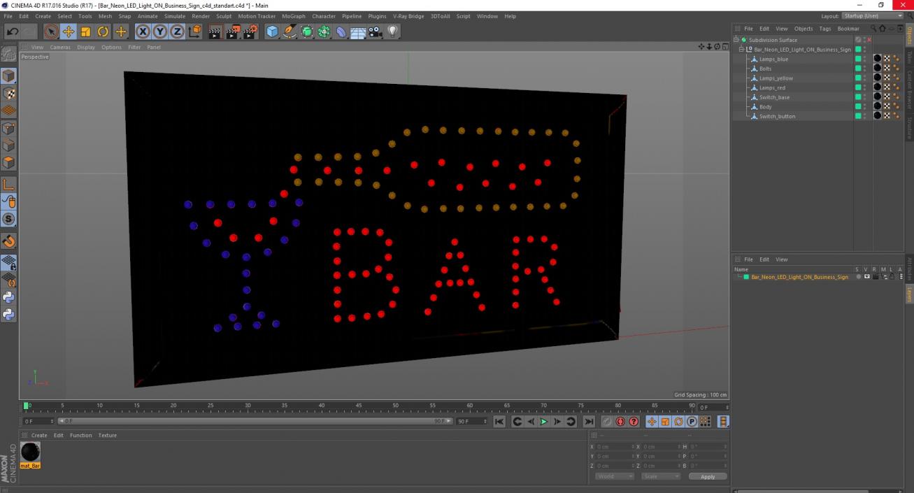 3D model Bar Neon LED Light ON Business Sign