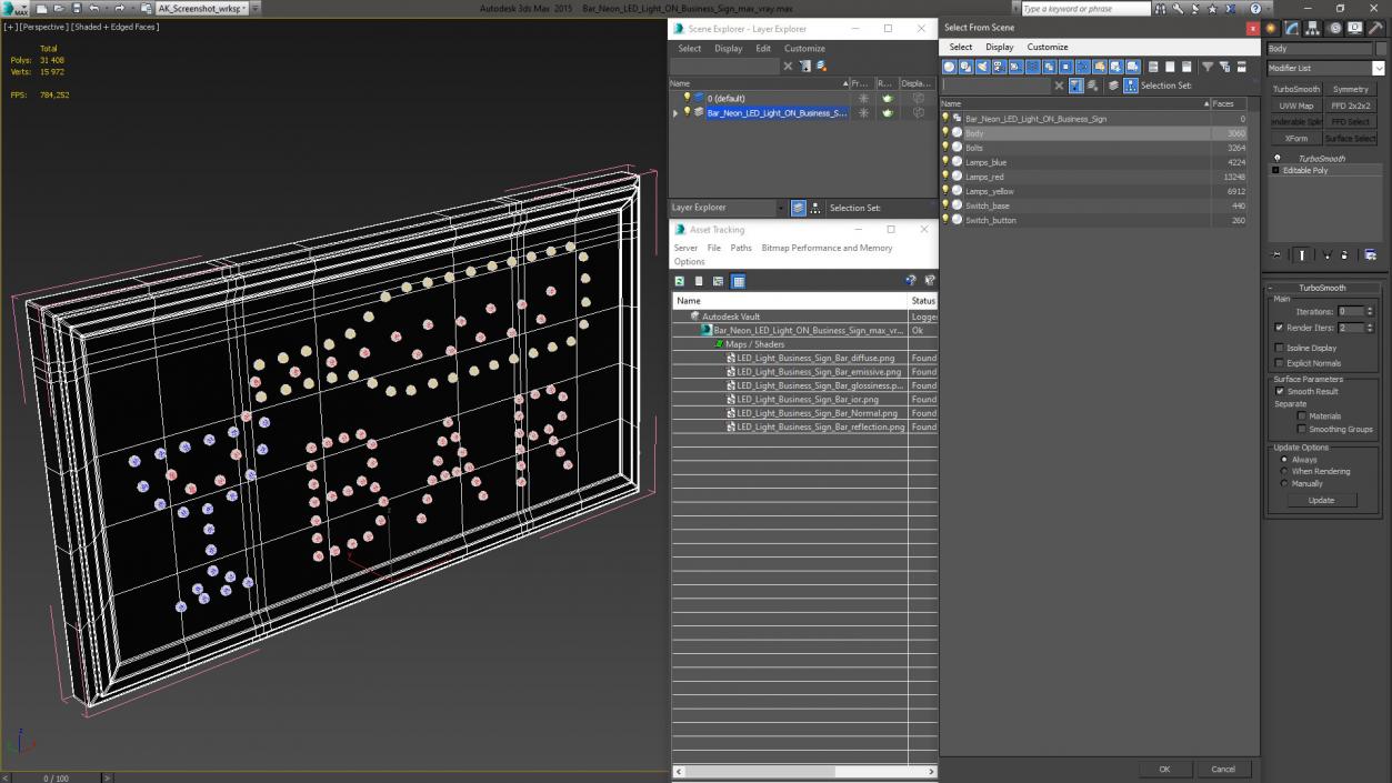 3D model Bar Neon LED Light ON Business Sign