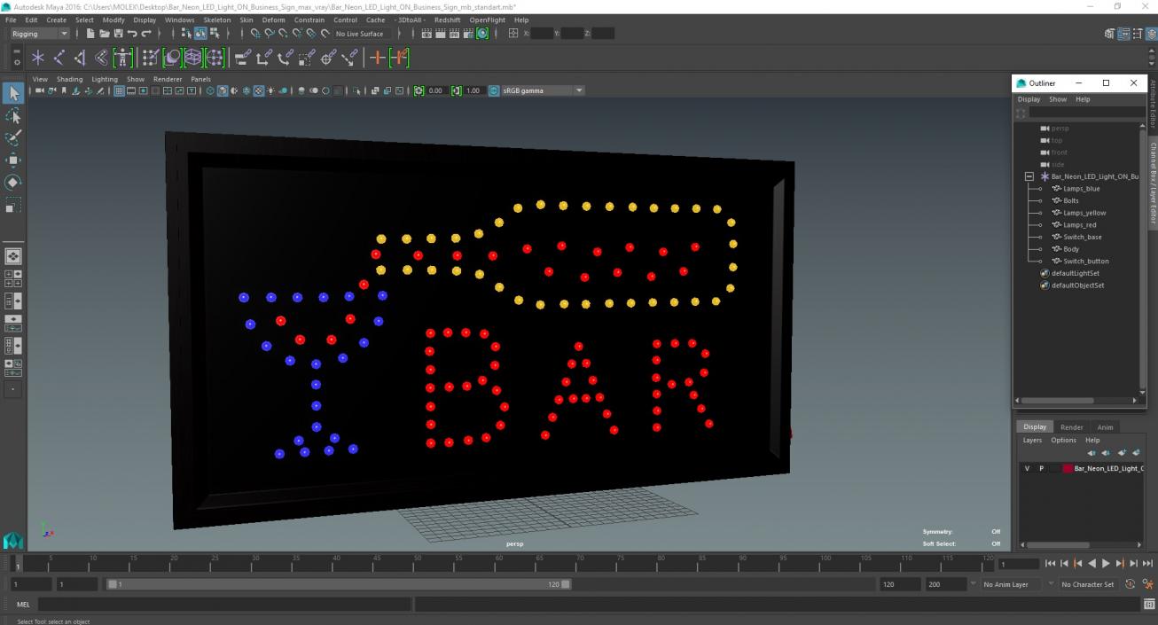 3D model Bar Neon LED Light ON Business Sign