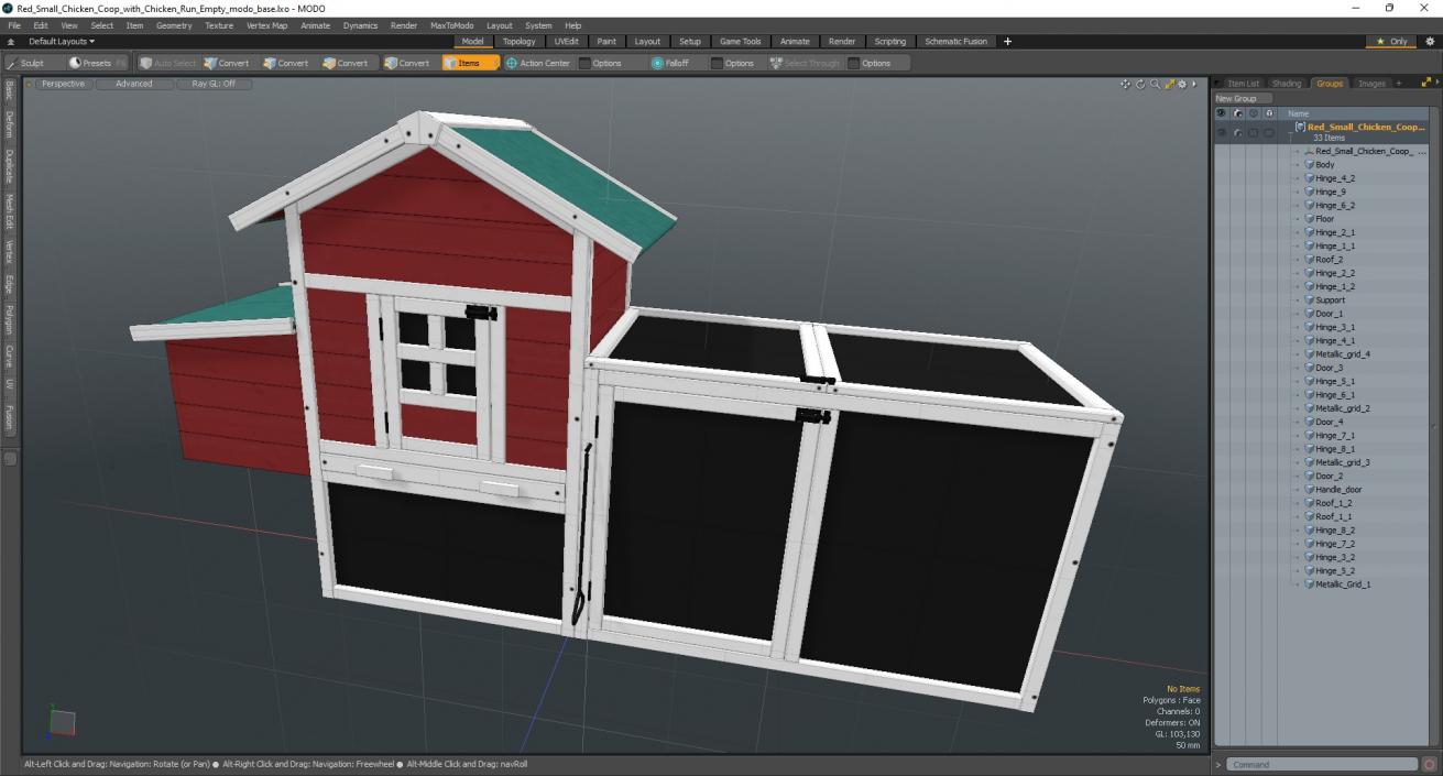 3D model Red Small Chicken Coop with Chicken Run Empty