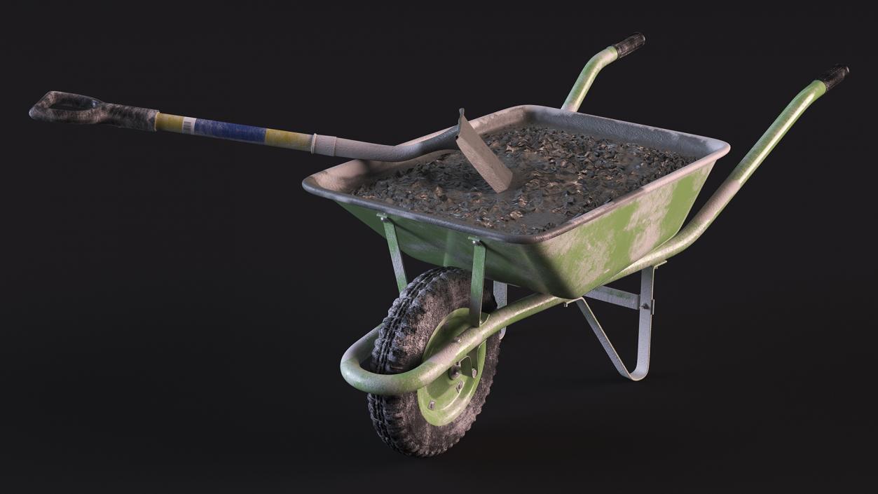 3D Construction Wheelbarrow Full of Cement with Shovel