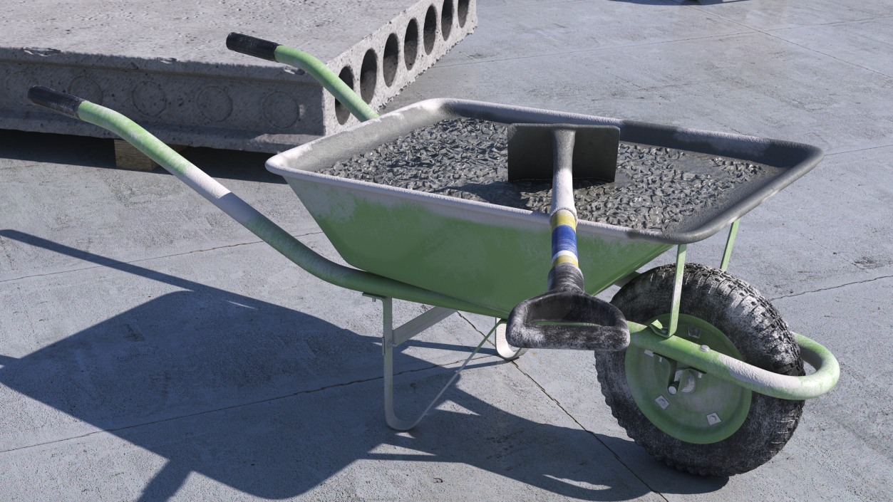 3D Construction Wheelbarrow Full of Cement with Shovel