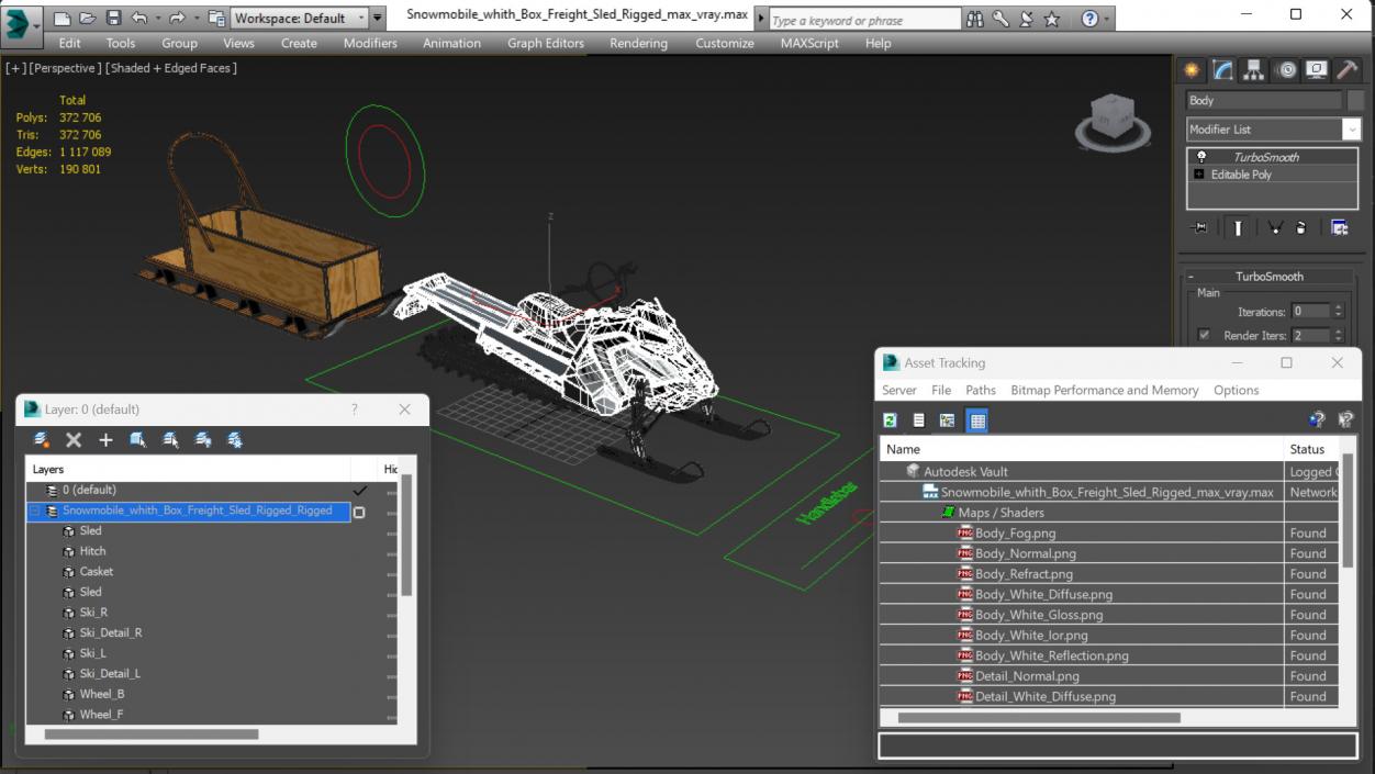 3D model Snowmobile whith Box Freight Sled Rigged