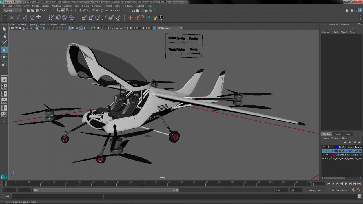 3D model eVTOL Air One Two Seater Aeroplane Rigged for Maya