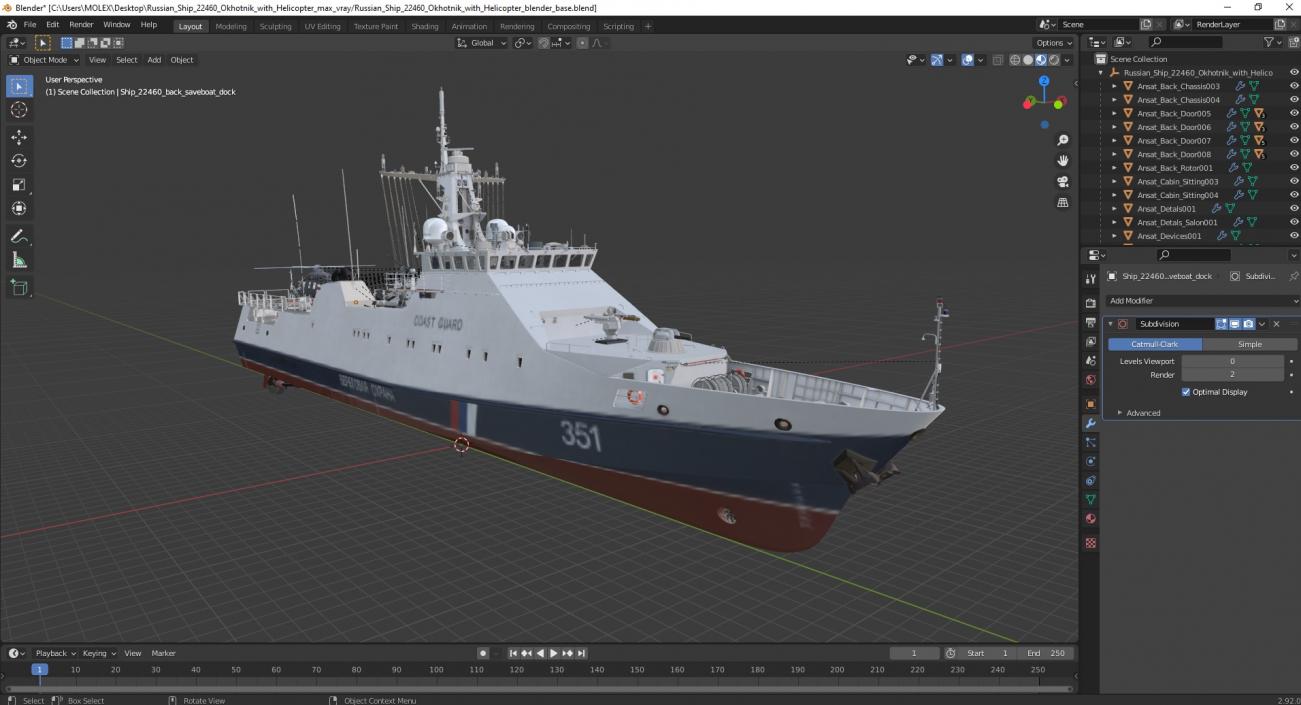 3D model Russian Ship 22460 Okhotnik with Helicopter 2