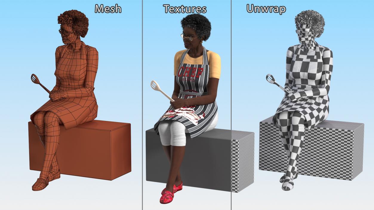 3D Cook Style Afro American Old Lady Sitting