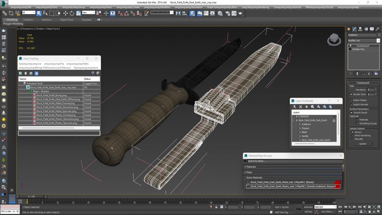 3D Glock Field Knife Dark Earth model