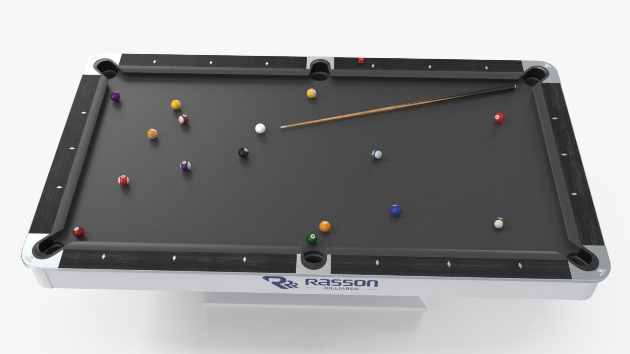 Billiards Black Table Rasson with Balls and Cue 3D